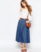 Asos Denim High Waisted Tiered True Midi Skirt In Mid-wash Blue - Blue