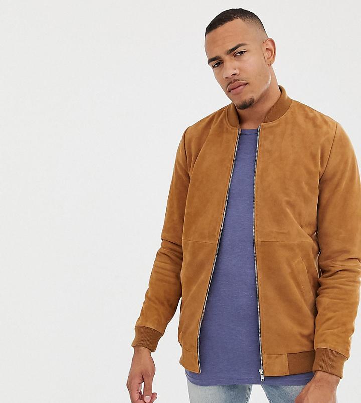 Asos Design Tall Suede Bomber Jacket In Tan