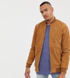 Asos Design Tall Suede Bomber Jacket In Tan
