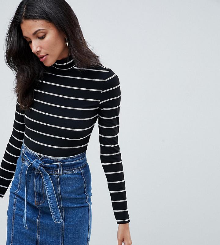 Asos Design Tall Stripe High Neck Crop Top With Long Sleeve - Multi