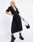 Asos Design Midi Short Sleeve Pleated Dress With Button Detail In Black