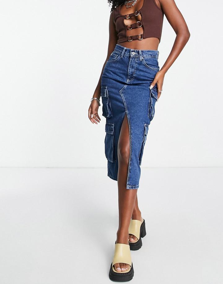 The Ragged Priest 90s Grunge Midi Denim Skirt With Cargo Pockets-blue