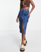 The Ragged Priest 90s Grunge Midi Denim Skirt With Cargo Pockets-blue