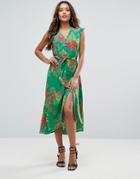 Asos Button Through Midi Dress In Floral Print - Multi