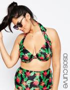 Asos Curve Dark Lotus Print Plunge Bikini Top - Dark Lotus