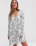 Asos Design Smock Mini Dress With Button Through In Abstract Print - Multi