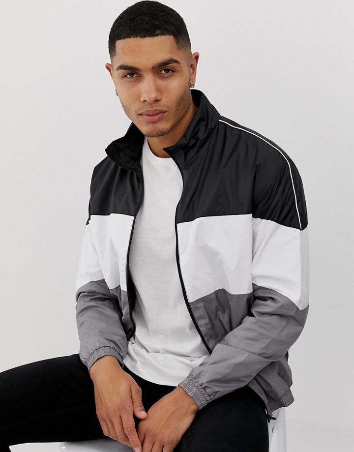 Bershka Color Block Windbreaker With White Piping-black