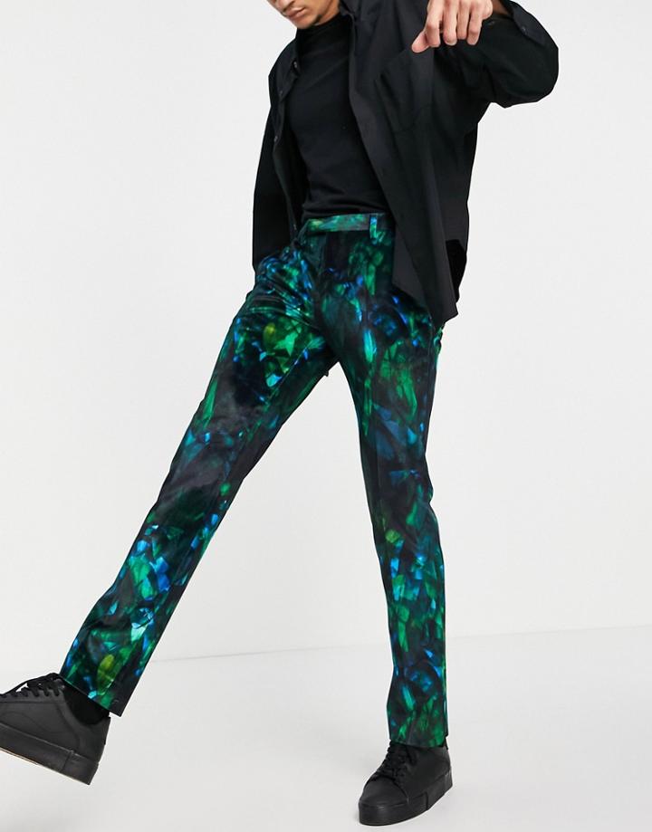 Twisted Tailor Suit Pants With Tropical Feather Print In Green
