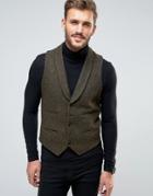 Asos Slim Suit Vest In Harris Tweed Herringbone 100% Wool - Green