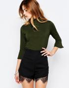 Daisy Street Top With Frill Sleeve - Khaki