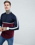 Asos Design Relaxed Longline Long Sleeve T-shirt With Contrast Yoke And Curved Hem In Navy - Navy