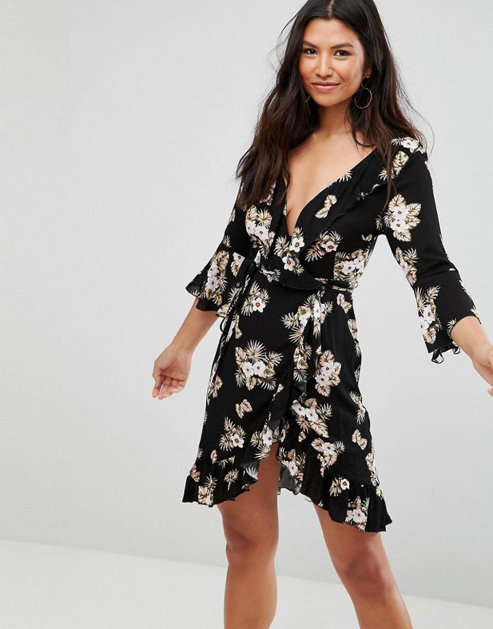Club L 3/4 Sleeve Detailed Wrap Black Floral Day Dress - Black