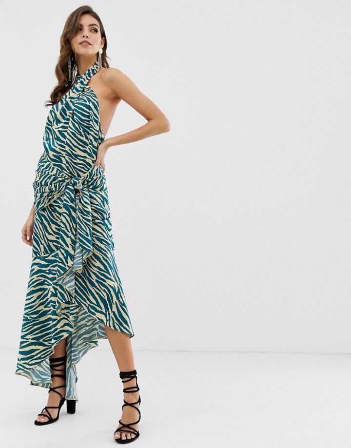 Asos Design Sash Side Midi Dress In Satin Abstract Zebra Print - Multi