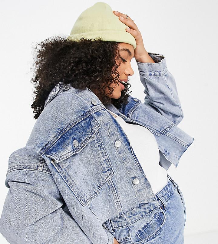 Dtt Plus Cropped Oversized Denim Jacket-blue
