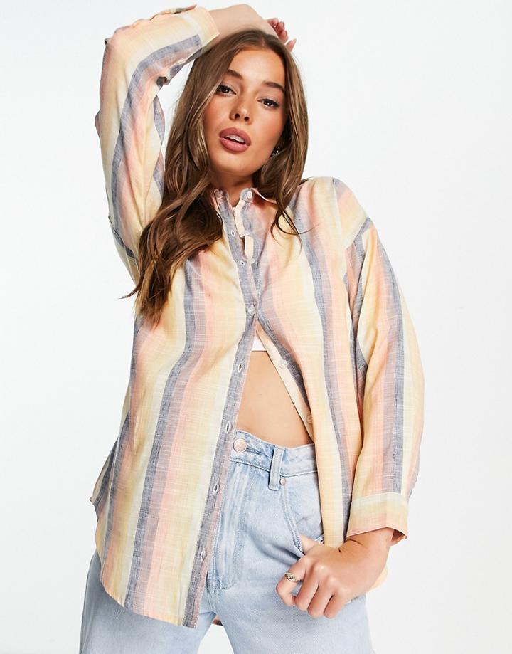 Influence Beach Shirt In Pink Brown And Green Stripe-multi
