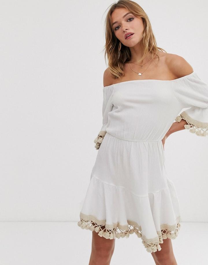 Asos Design Tassle Off Shoulder Mini Smock Dress - White