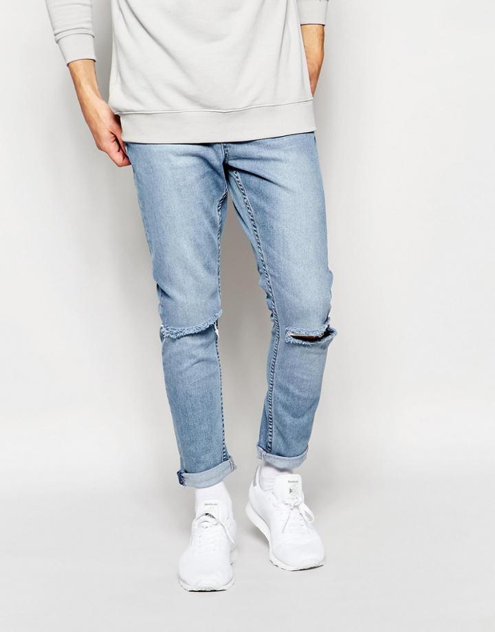 Cheap Monday Jeans Dropped Slim Tapered Fit Enigma Light Wash Knee Rips - Enigma