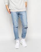 Cheap Monday Jeans Dropped Slim Tapered Fit Enigma Light Wash Knee Rips - Enigma