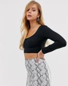 Boohoo Long Sleeve Scoop Neck Ribbed Crop Top In Black - Black
