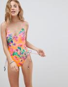 Mw By Matthew Williamson Bourgainvillea Lace Up Side Split Swimsuit - Multi