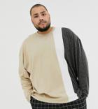 Asos Design Plus Oversized Long Sleeve T-shirt In Linen Mix With Vertical Color Block-beige