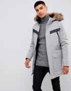 Jack & Jones Core Parka With Faux Fur Hood And Hand Warmer Pockets - Gray