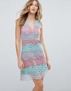 Traffic People V Neck Striped Lace Midi Dress - Blue