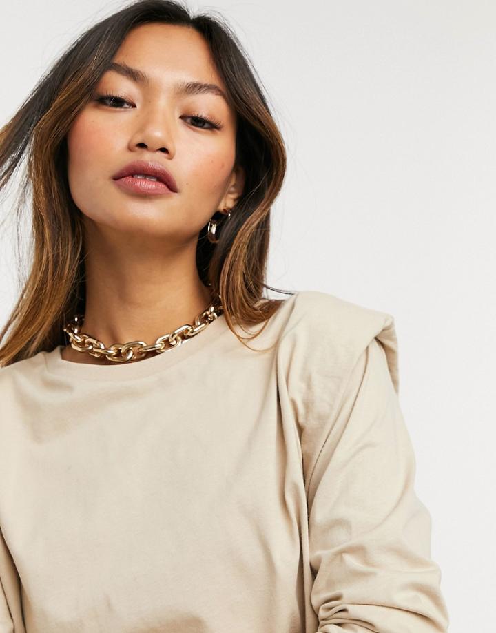 Vila Long Sleeve Top With Shoulder Detail In Beige-neutral