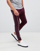 Asos Design Super Skinny Joggers With Velour Side Stripe And Piping In Burgundy - Red