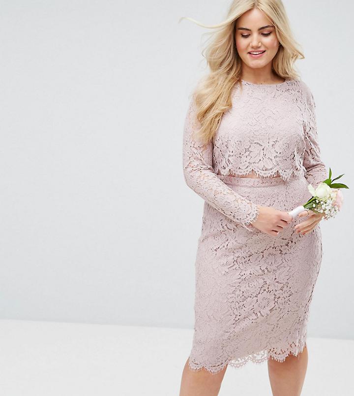 Asos Design Curve Bridesmaid Lace Long Sleeve Midi Pencil Dress - Pink