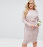 Asos Design Curve Bridesmaid Lace Long Sleeve Midi Pencil Dress - Pink