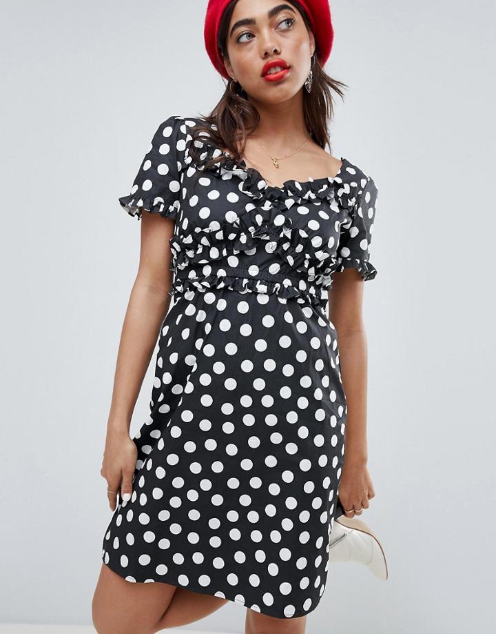 Lost Ink Dress With Frill Detail In Polka Dot - Black