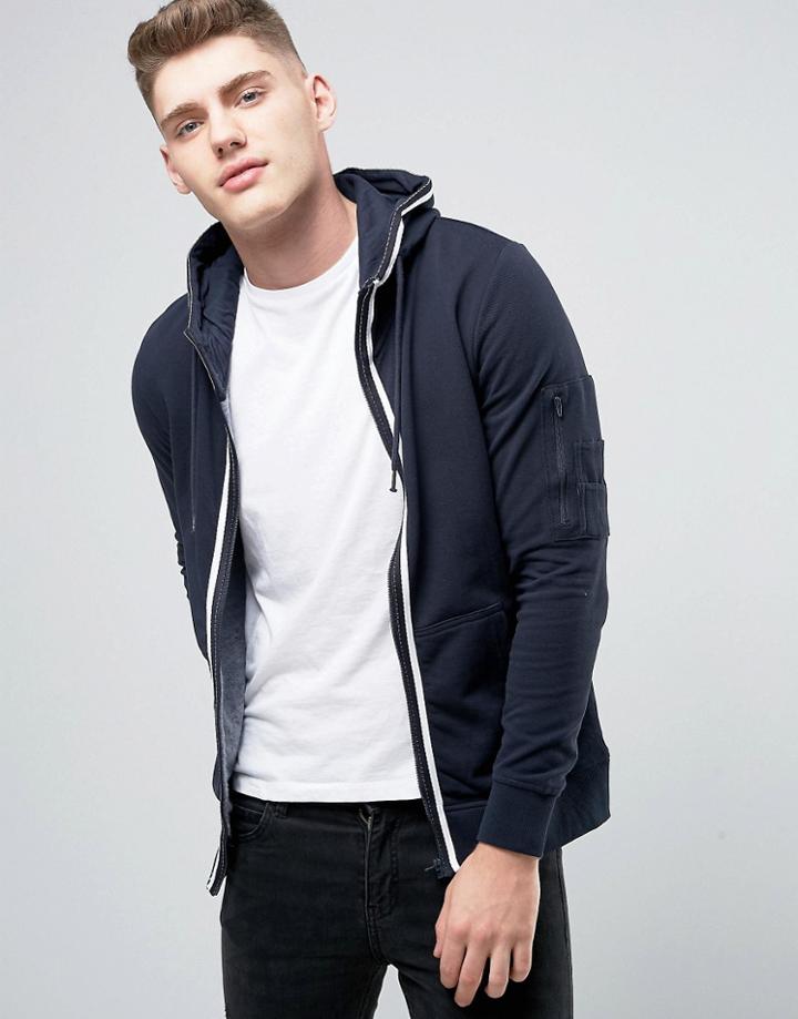 Brave Soul Tapped Zip Through Pique Hoodie - Navy
