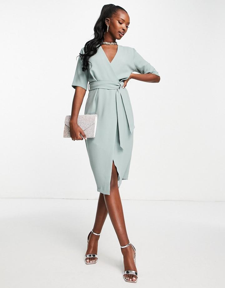 Closet London Wrap Front Midi Dress In Duck Egg-green