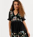 Asos Design Petite Embroidered Mini Dress With Lace Trims In Black
