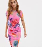 Asos Petite Printed Mesh Midi Dress With Frill Detail-multi