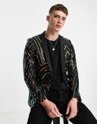 Twisted Tailor Suit Jacket In Black With Rainbow Geometric Sequin Design-multi