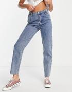 Saint Genies Straight Leg Contrast Back Pocket Jeans In Blue Bleach Wash