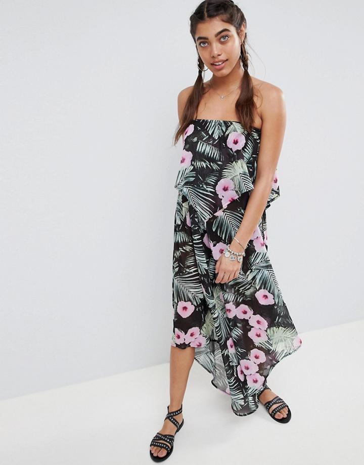 Asos Design Floaty Layer Bandeau Maxi Beach Dress In Tropical Print - Multi