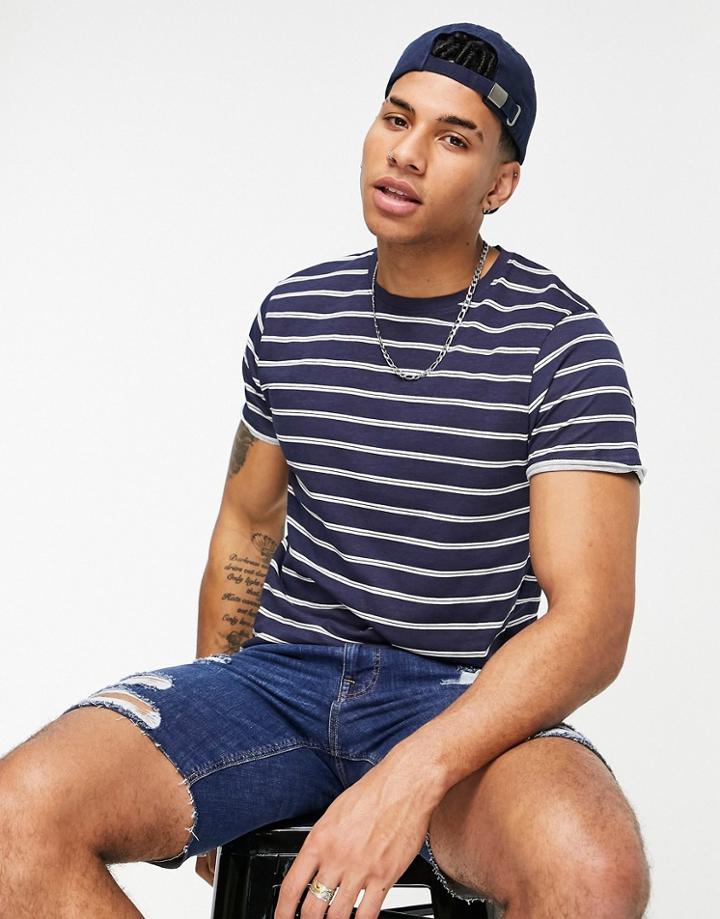 Brave Soul Crew Neck Stripe T-shirt In Navy