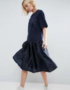 Asos White Drop Waist T-shirt Dress With Satin Contrast - Navy