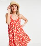 Asos Design Tall Button Up Smock Dress In Red Daisy Floral Print-multi
