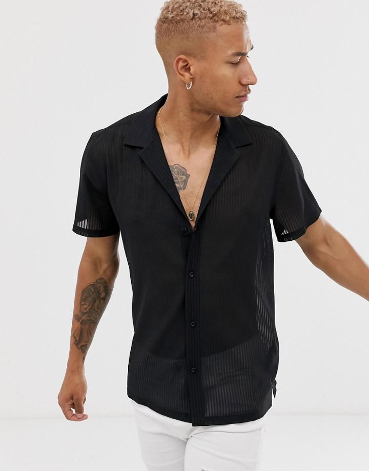 Asos Design Oversized Sheer Black Stripe Shirt With Revere Collar