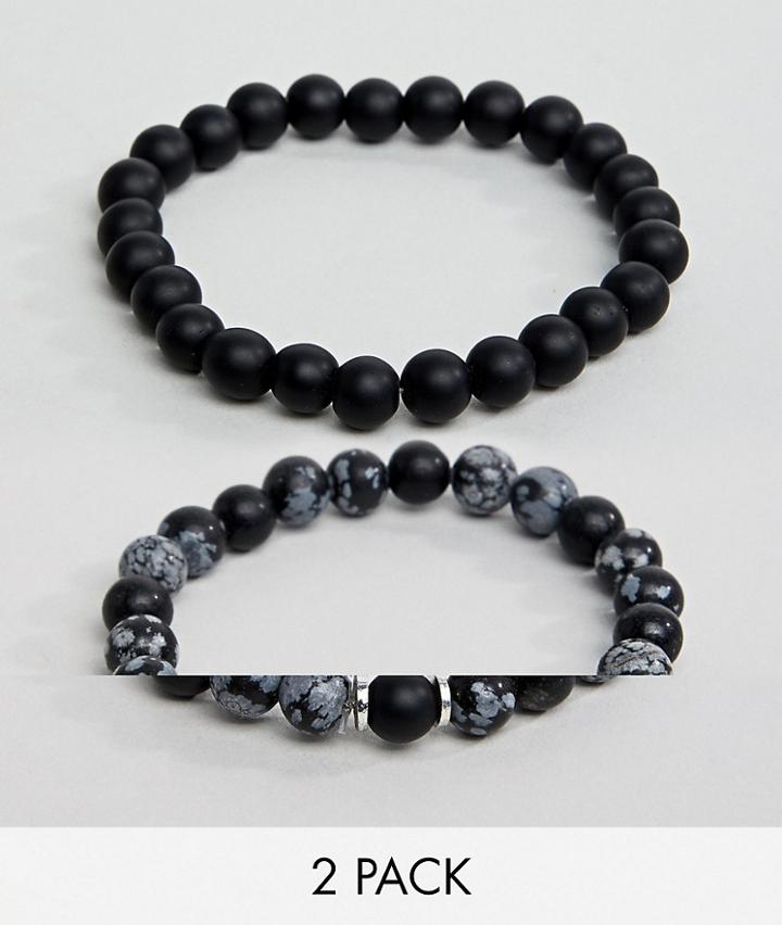 Asos Design Beaded Bracelet Pack In Black With Semi Precious Stones - Black