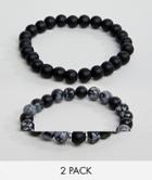 Asos Design Beaded Bracelet Pack In Black With Semi Precious Stones - Black