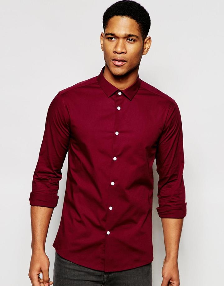 Asos Skinny Shirt In Burgundy With Long Sleeve - Dark Burgundy