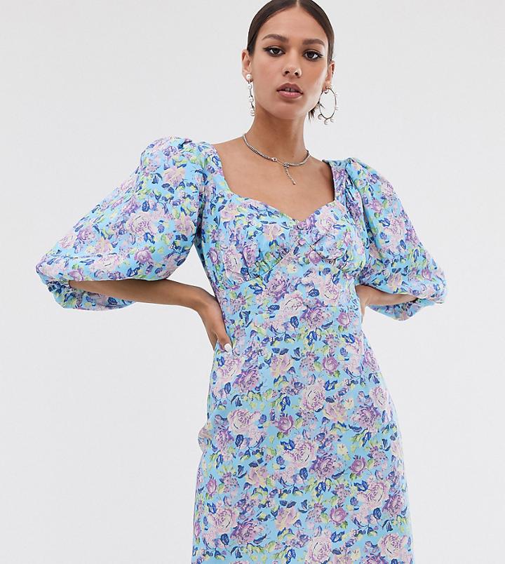 Reclaimed Vintage Inspired Button Tea Dress With Puff Sleeve In Floral Print-blue