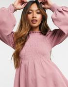 Asos Design Frill Neck Sweater With Shirred Body In Pink
