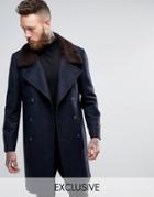 Heart & Dagger Double Breasted Overcoat With Faux Fur Collar - Navy