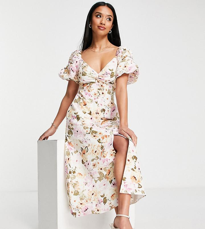 Ever New Petite Puff Sleeve Midi Dress In Rose Floral-pink